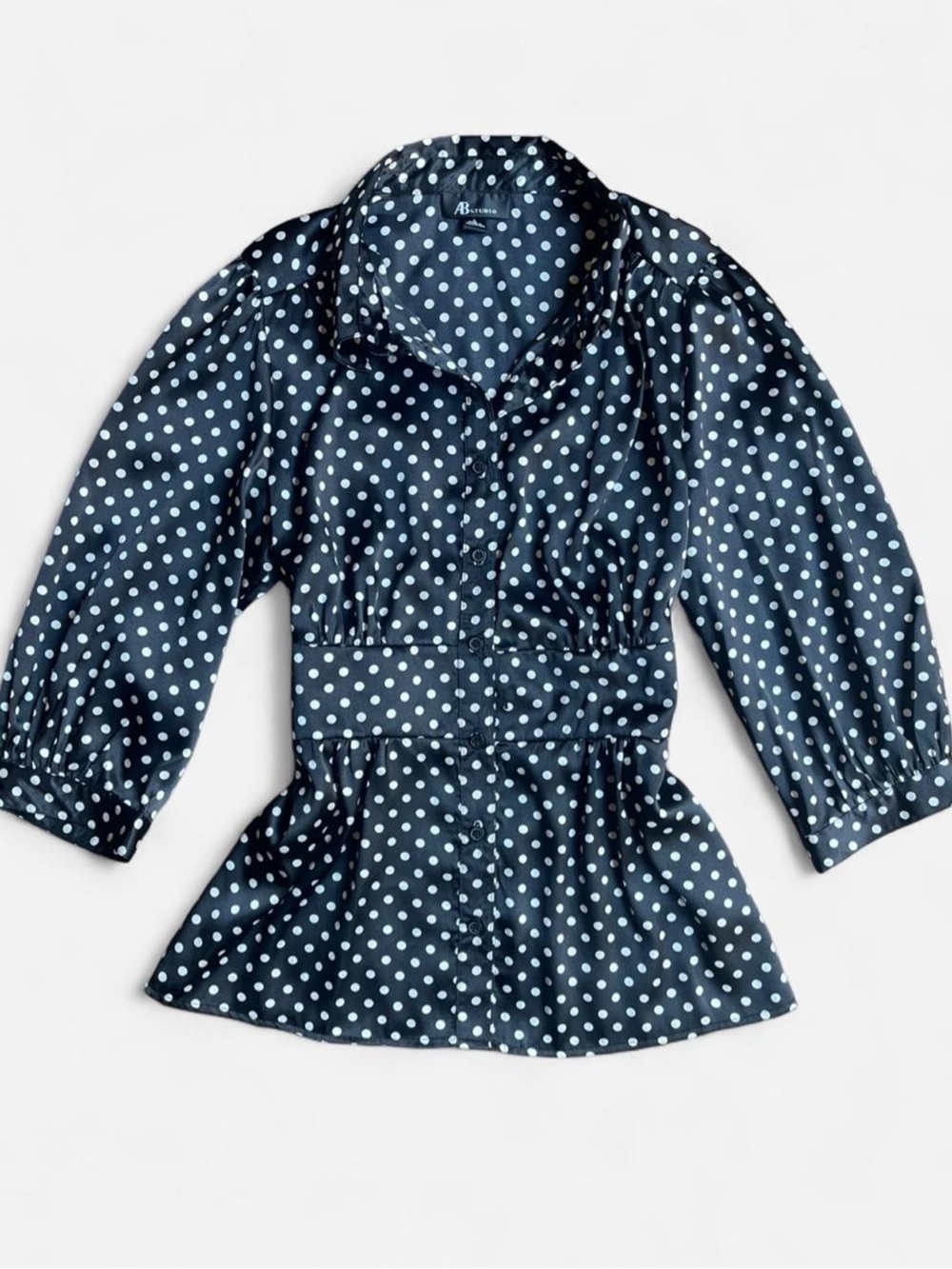 Black & White Polka Dot Classic Satin Office Button Up 3/4 Sleeve Blouse Sz L